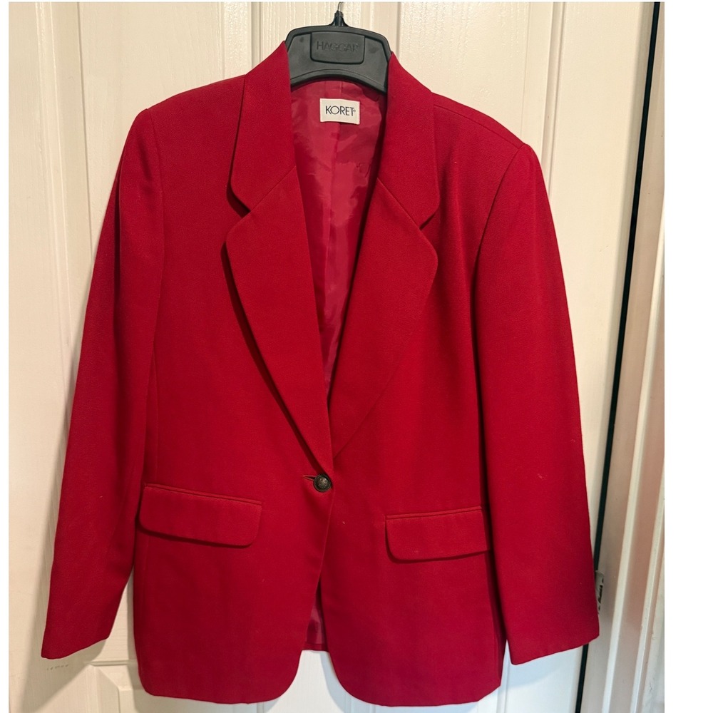 Vintage Koret Red Wool Blend Crest Button Blazer Jacket Made in USA Size 10